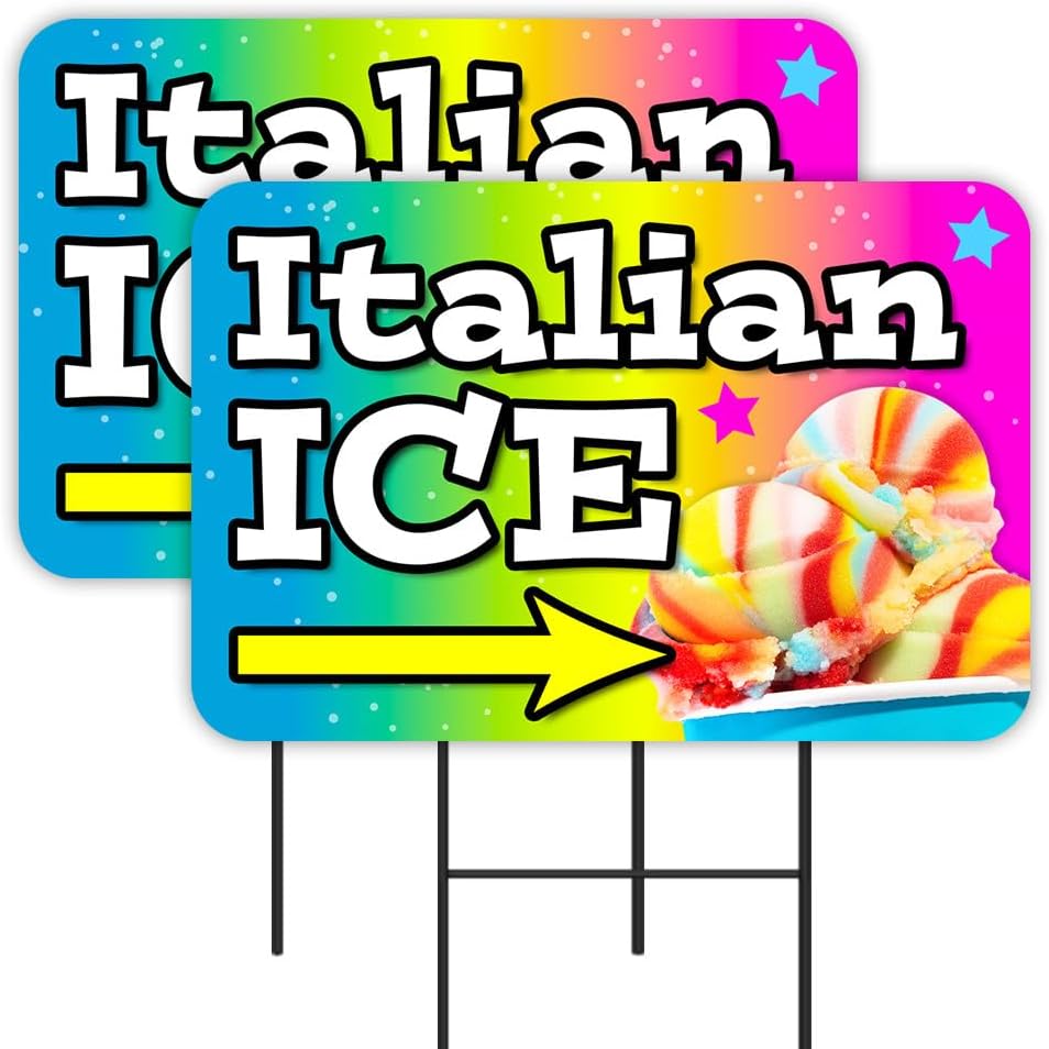 Italian Ice 2 Pack Double-Sided Yard Signs 16" x 24" with Metal Stakes (Made in Texas)