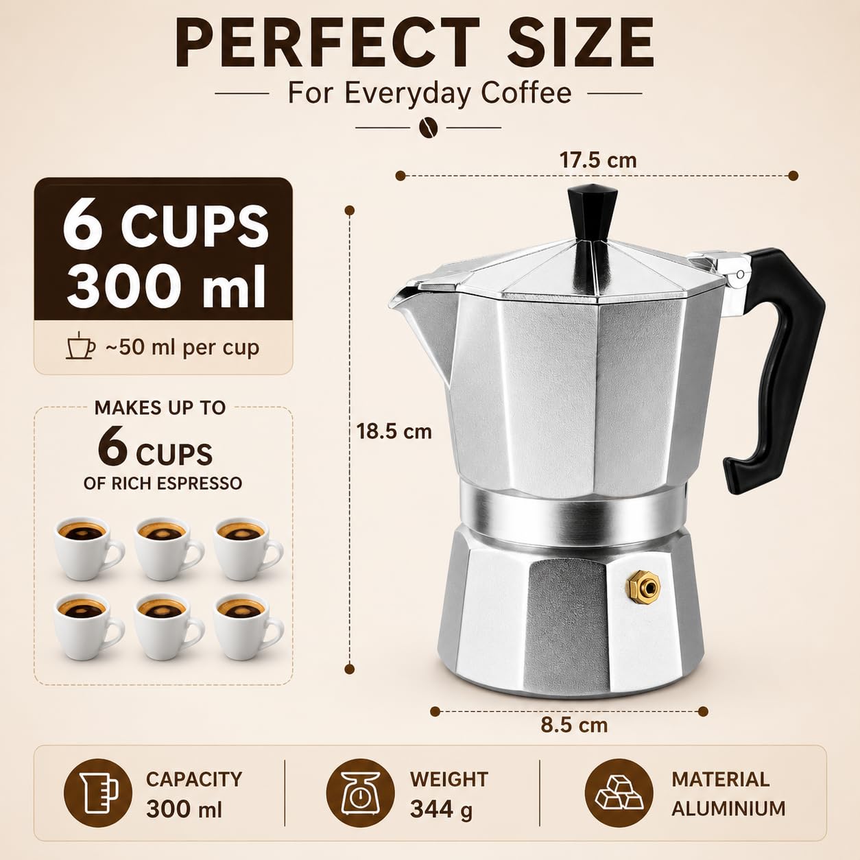 AAshonee Aluminium Italian Style Stovetop Coffee Maker Moka Pot, 6 Cups Espresso Percolator, 300ml (Silver) 2