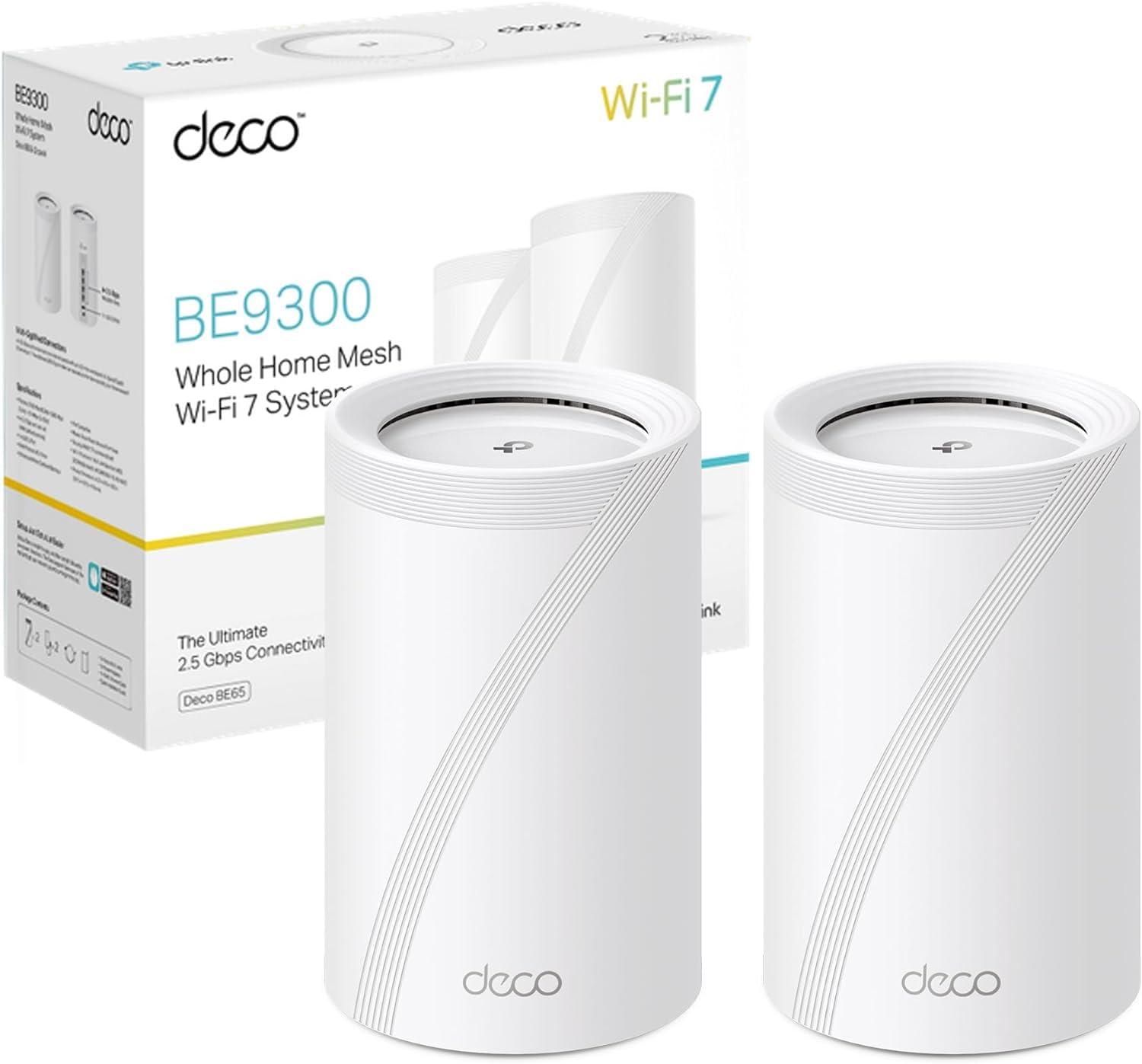 TP-​Link Deco Routeur WiFi 7 Mesh BE9300 Tri-​Bande, Port Ethernet 2,​5G, Couverture de 380㎡, Itinérance IA Transparente, Connectez 200 appareils, Compatible Toutes Les Box Internet, Deco BE65(2-​Pack)