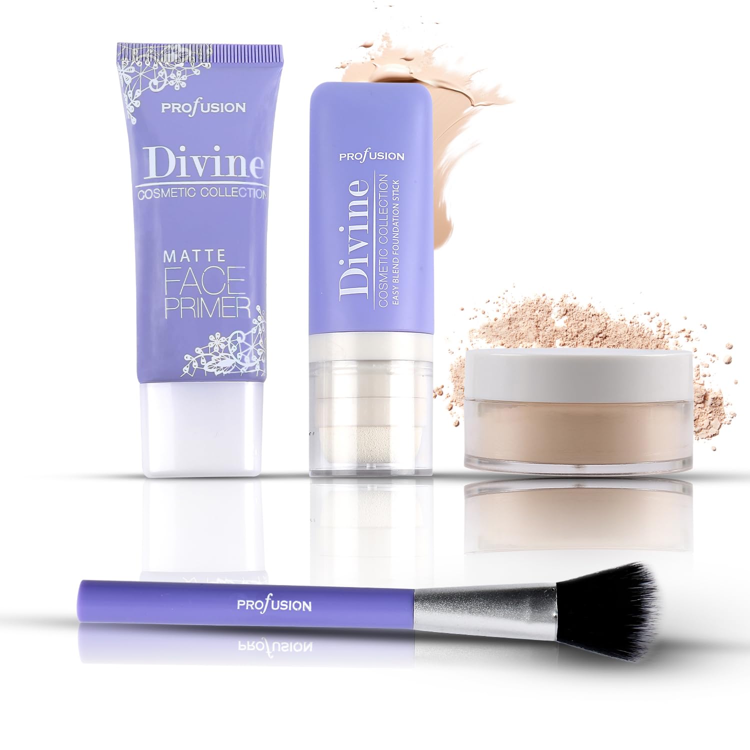 Profusion Cosmetics Divine Face Perfecting Foundation Kit, Including 1 Matte Face Primer, Foundation, Powder, Tapered Brush for Flawless Makeup