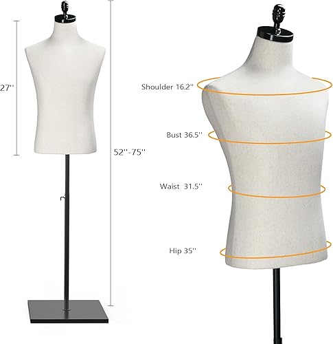 Miniatura 2 de VINGLI Torso de maniquí masculino con soporte de maderametal, altura ajustable, cuerpo de vestido masculino para exhibición y costura de ropa