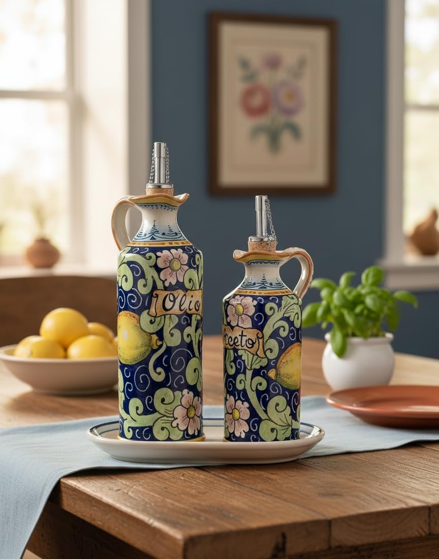 CERAMICHE D'ARTE PARRINI - Italian Ceramic Art Pottery Oil Cruet Vinegar Decorated Lemons Hand Painted Made in Italy Tuscan