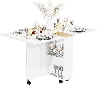 Folding Dining Table, Dinner Table with Drawer and Storage and Shelves, Space Saving Dining Table with 6 Wheels, Kitchen Table for Small Spaces (White)