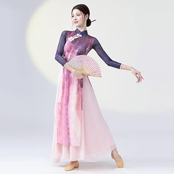 REDBMX Modern Cheongsam Clothes Gauze Flowy Dress Chinese Stage Performance Costume Vietnamese Ao Dai Pink Purple Qipao