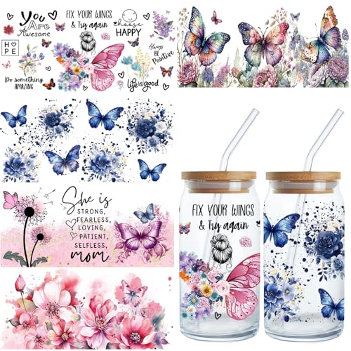 Butterfly Flower UV DTF Cup Wraps for 16OZ Glass Spring UV DTF Cup Wrap Colorful Butterfly Floral Design Uvdtf Stickers Waterproof Rub on Transfer Decals for Coffee Cup DIY Wood Crafts 5 Sheets