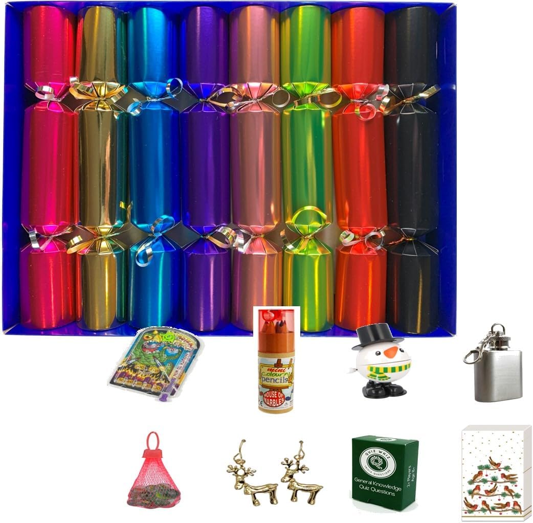 Set of 8 Bright Metallic Family Christmas Crackers - hand filled in UK gifts for all the family