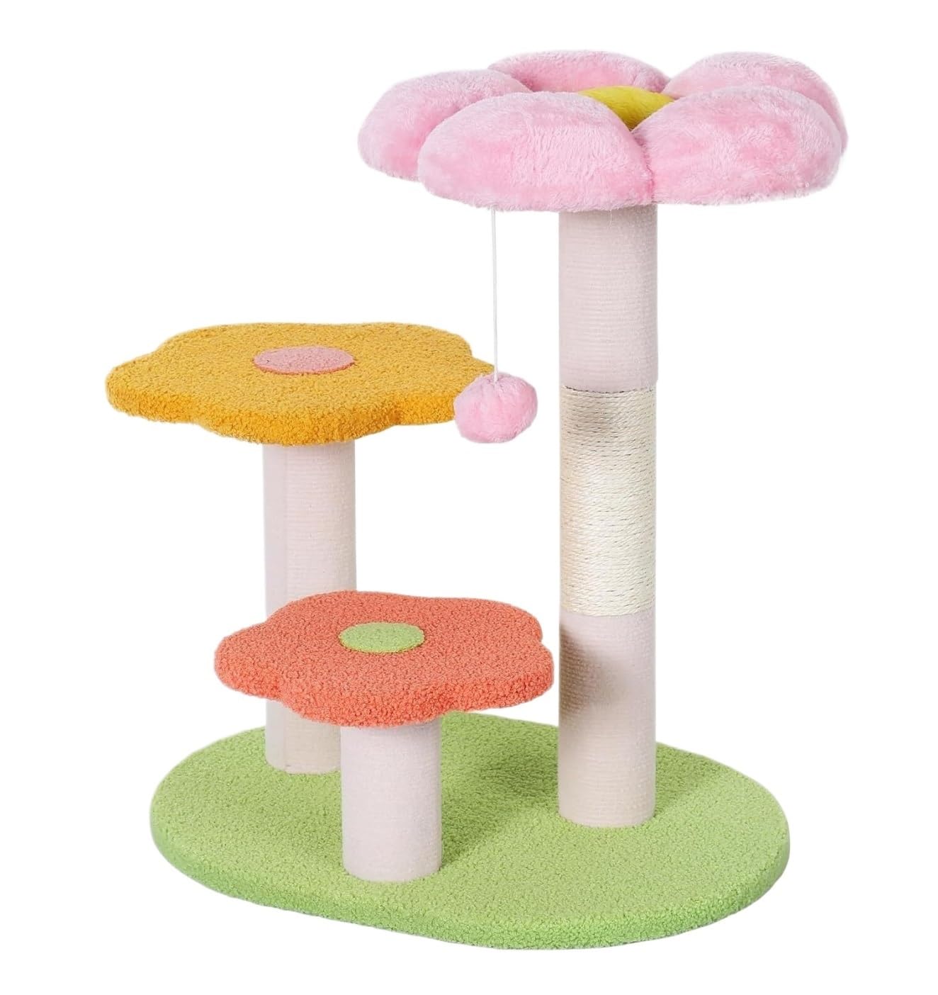 Albero per Gatti da Interno Esterno Tiragraffi per Gatti con Fiori E Tiragraffi per Gatti da Interni con 3 Trespoli in Peluche E Palla Sospesa(19.3 * 14.2 * 22.8in)