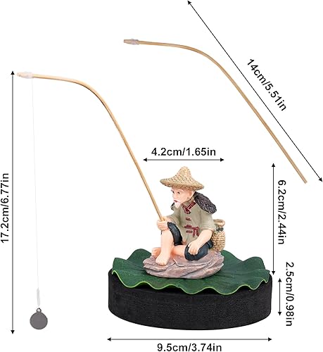 Miniatura 2 de Decoración flotante para pecera, figura de acuario de pescador con base de hoja de loto y caña de pescar divertido alimentador de peces estatua de