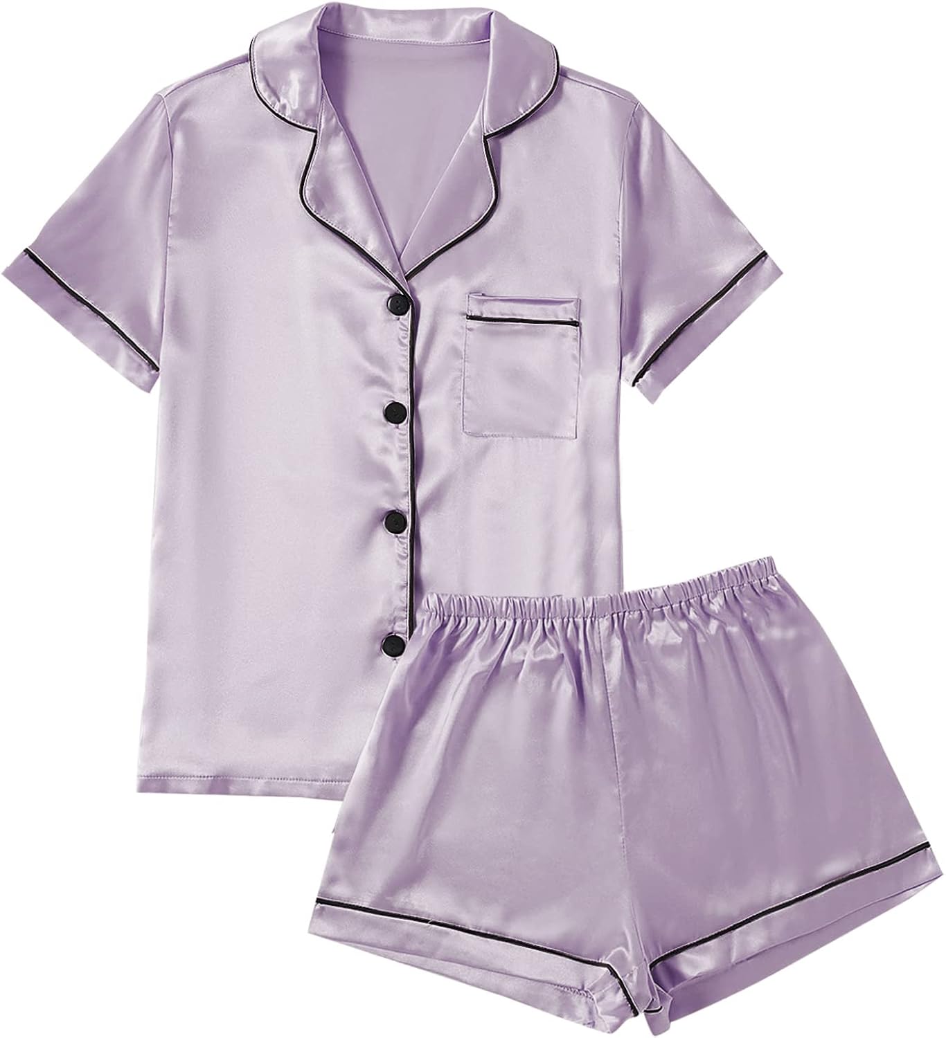 LYANER Women's Satin Pajamas Set Short Sleeve Button Shirt Silky Sleepwear with Shorts Set PJ