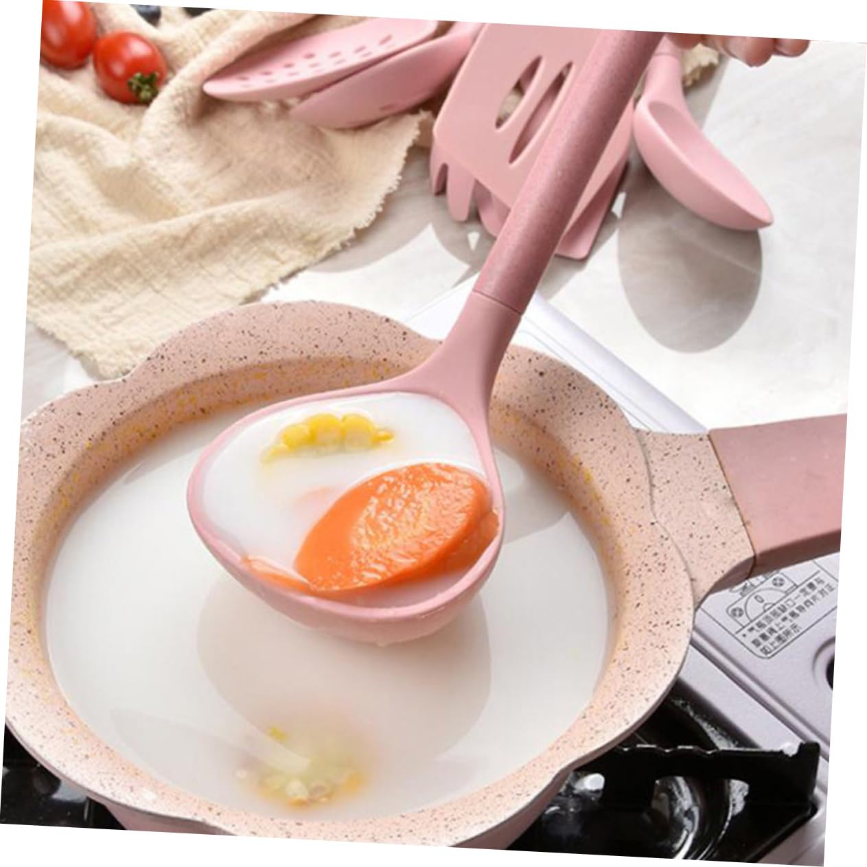 Cabilock Set De Utensilios De Cocina De Silicona Espátula Cucharón Pala Colador Cuchara Mango De Madera Diseño Ergonómico