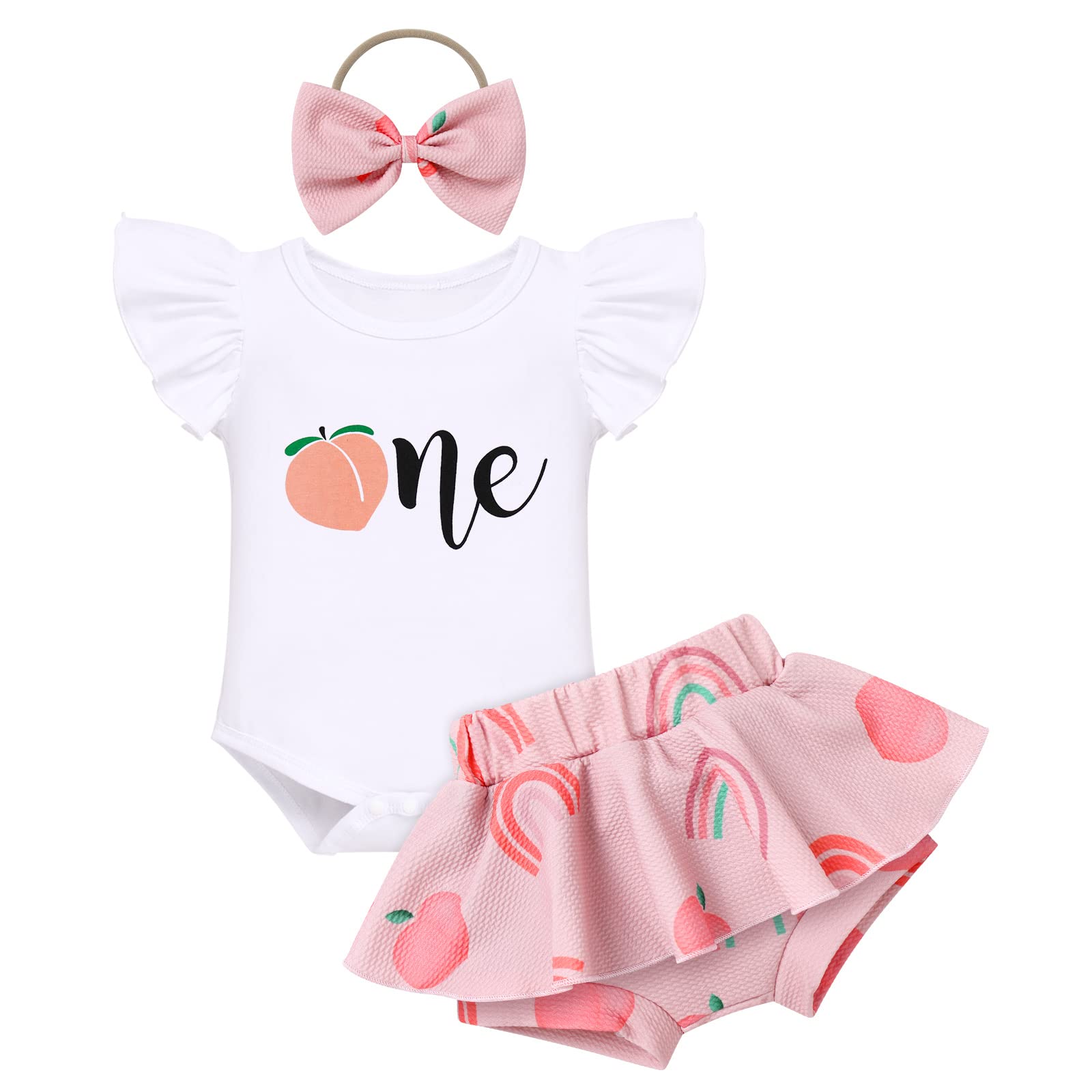 1st First Birthday Outfit Girl Flying Sleeve Ruffled Romper+Tutu Skirt Bloomer Shorts+Headband 3PCS Summer Clothes Baby One Year Old Birthday Gifts Cake Smash Party Photo Shoot Peach 6-12 Months