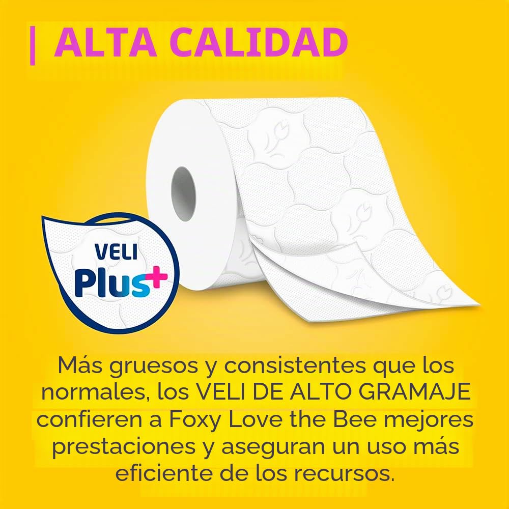 Foxy Love the Bee | Papel higiénico 56 rollos de 225 hojas | 2 capas de alto grosor | FSC | 100% energía eléctrica renovable | Embalaje fabricado con plástico reciclado