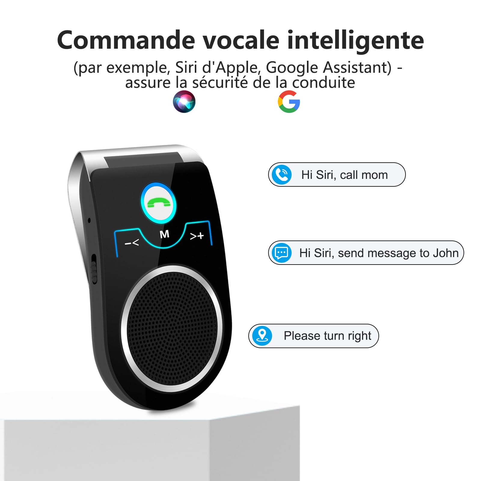 Kit Mains Libres pour Voiture Bluetooth 5.0, Haut-Parleur sans Fil Micro Intégré Support du GPS, Musique, Réduction de Bruit,Supporte Siri/Google Assistant, Connexion de 2 Téléphones Simultanément