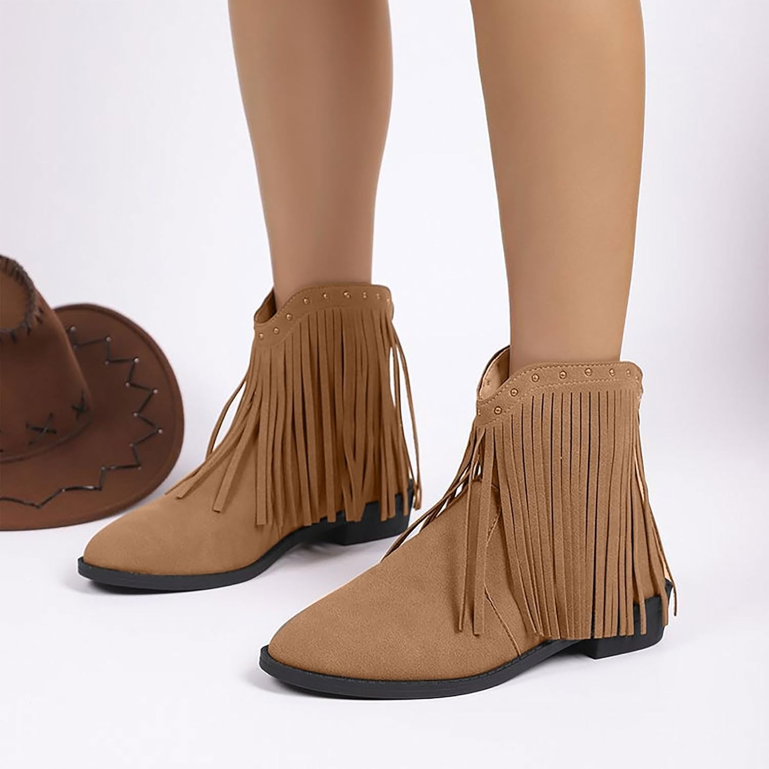 Women Fringe Studded Ankle Boots Boho Low Flat Heel Cowboy Walking Shoes