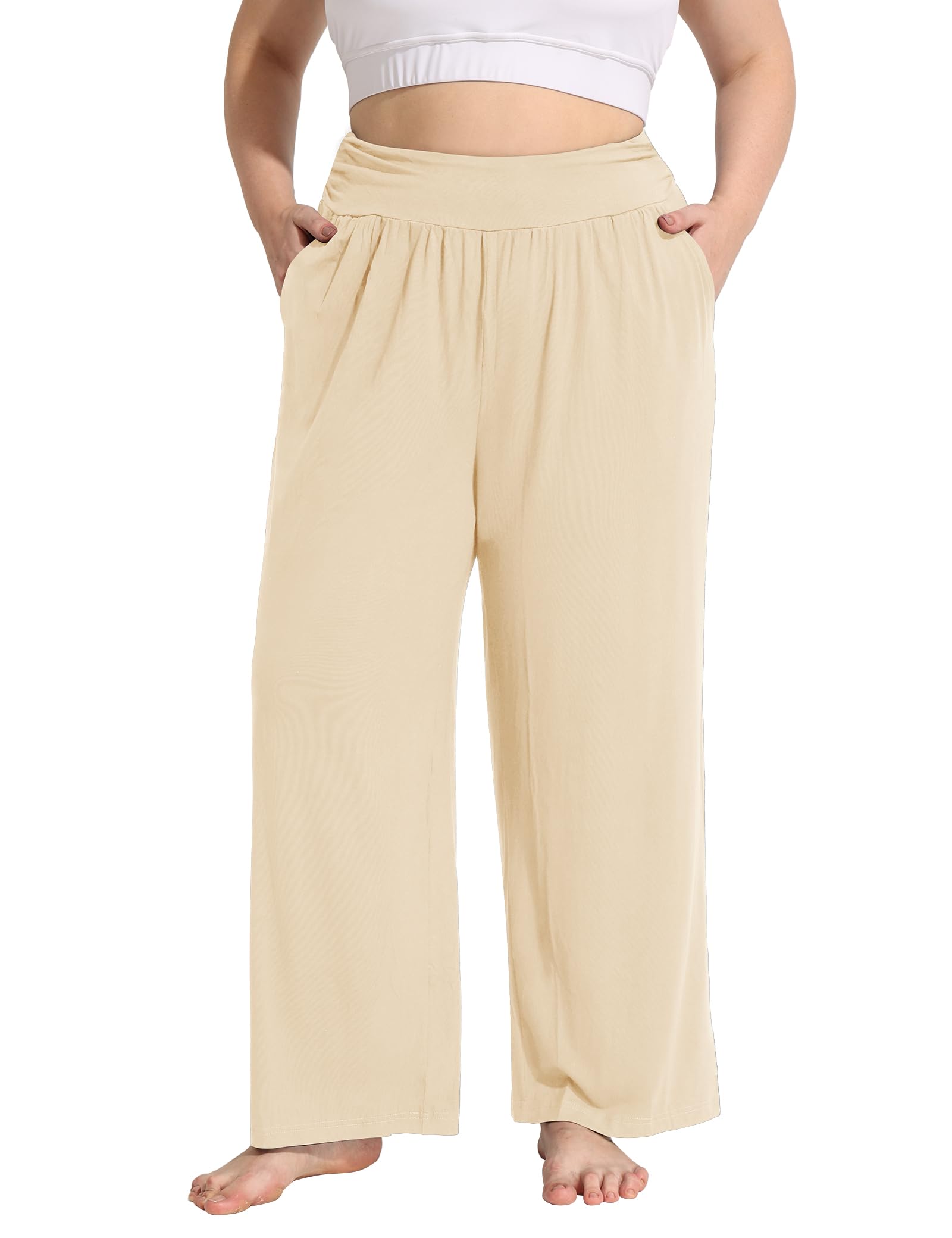 FOREYOND Plus Size Wide Leg Pants for Women Flowy Yoga Lounge Sweatpants Casual High Waisted Pajama Bottoms with Pockets