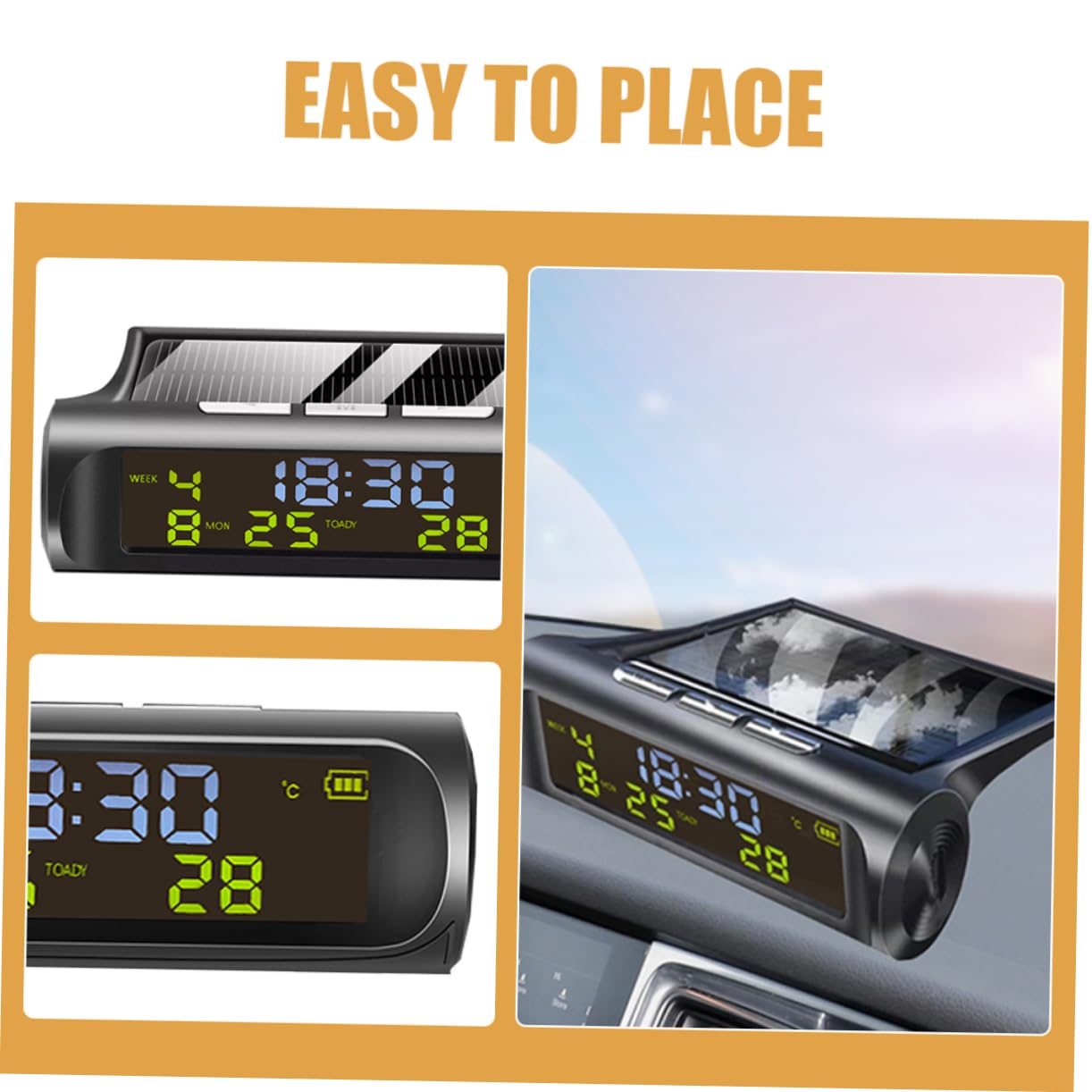 PLAFOPE Reloj Digital para Coche de Salpicadero Termómetro Solar Automático Medidor de Temperatura Reloj Multifuncional para Salpicadero de Coche