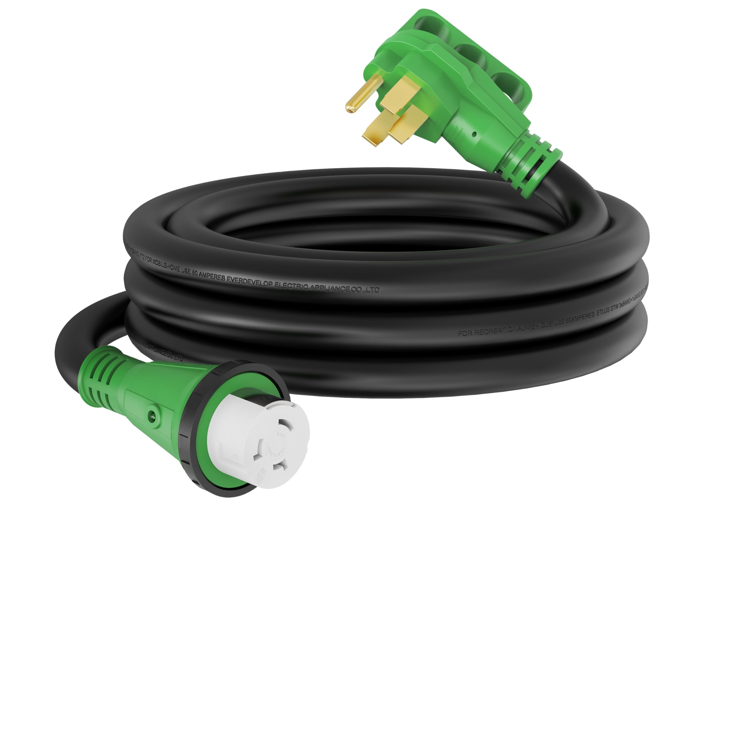 RVGUARD 50 Amp 15 Feet RV Power Extension Cord, Heavy Duty STW Cord with LED Power Indicator and Storage Bag, NEMA 14-50P to SS2-50R Locking Connector, Green, ETL Listed