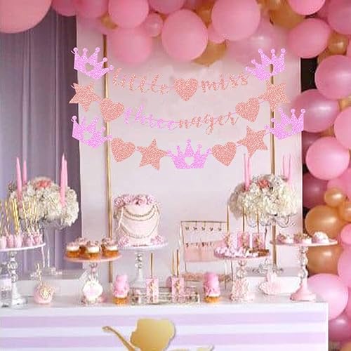 Miniatura 3 de Vetwo Cartel de fiesta de cumpleaños de Little Miss Threenager con purpurina rosa, decoraciones de 3 años