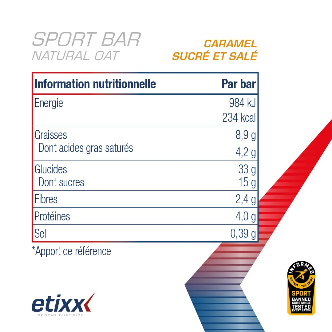 Etixx Natural Oat Sport Bar - Saveur Caramel Sucré et Salé, 12 x 55g - Barre Énergétique Naturelle à Base d'Avoine, Idéale pour Sports d'Endurance
