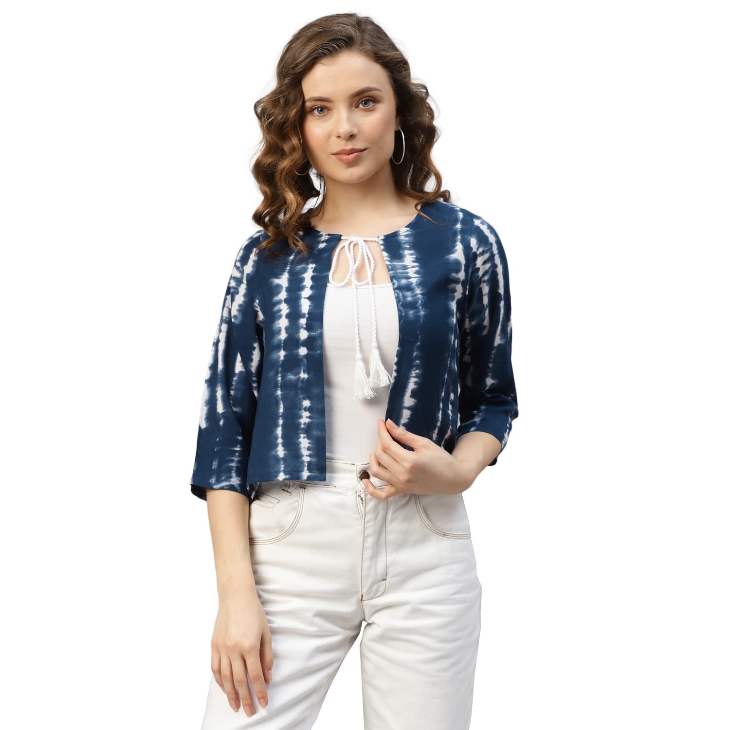 deebaco Women's Tie & Dye Print Rayon Cropped Shrug for Women|3/4 Sleeves Tunic Tie up Round Neck|One Piece Casual College Office Wearable Fashionable Party Outfit for Ladies (DBSG00000759_Navy Blue)-picture-14