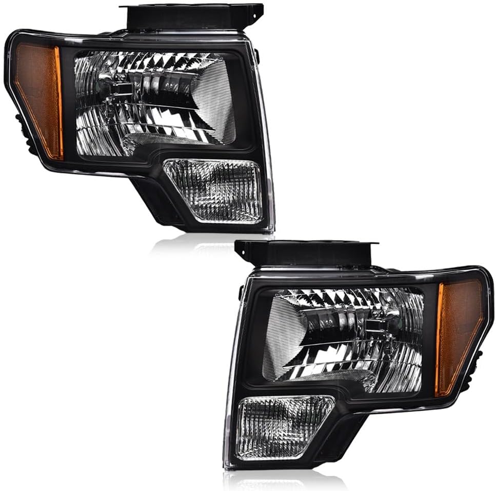 Headlights Assembly, Compatible with 2009-2014 Ford F150 09-14 Headlamp, Driver and Passenger Side, Clear lens Black Housing Amber Reflector(Not Fit Led Style,Only Fit Without Led Style)