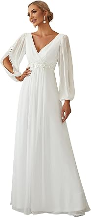 Ever-Pretty Plus Women's Evening Dresses Applique Chiffon V-Neck Applique with Long Lantern Sleeves 461PLUS