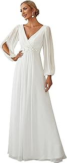 Women's V Neck Long Lantern Sleeves Floor Length Ruched Chiffon A-Line F...