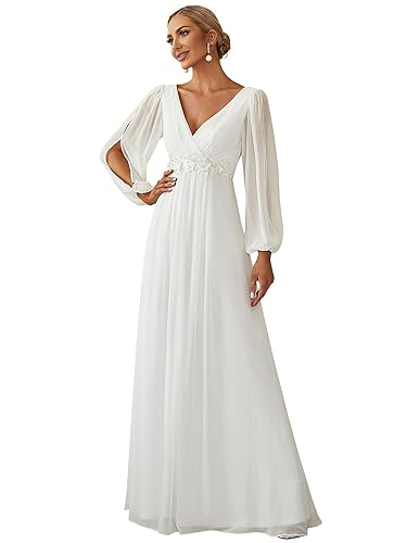 Ever-Pretty Women's V Neck Long Sleeves Floor Length Ruched Chiffon