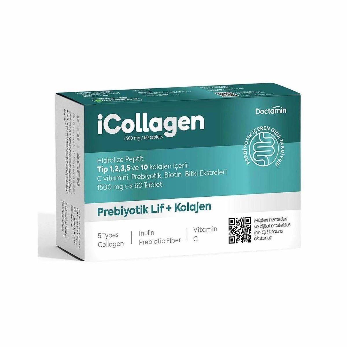icollagen 5 Tip Kolajen Tablet Prebiyotik Desteği ile Sindirim Sistemine Yardımcı 3x60 Tablet