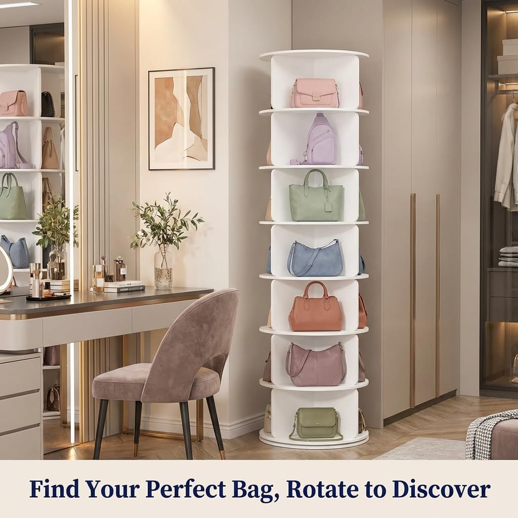 7 Tier Rotating Shoe Rack Tower, 360° Spinning Shoe Rack Lazy Susan, Purse Shelf Display Carousel, Sleek Space-Saving Shoe Storage Stand, White