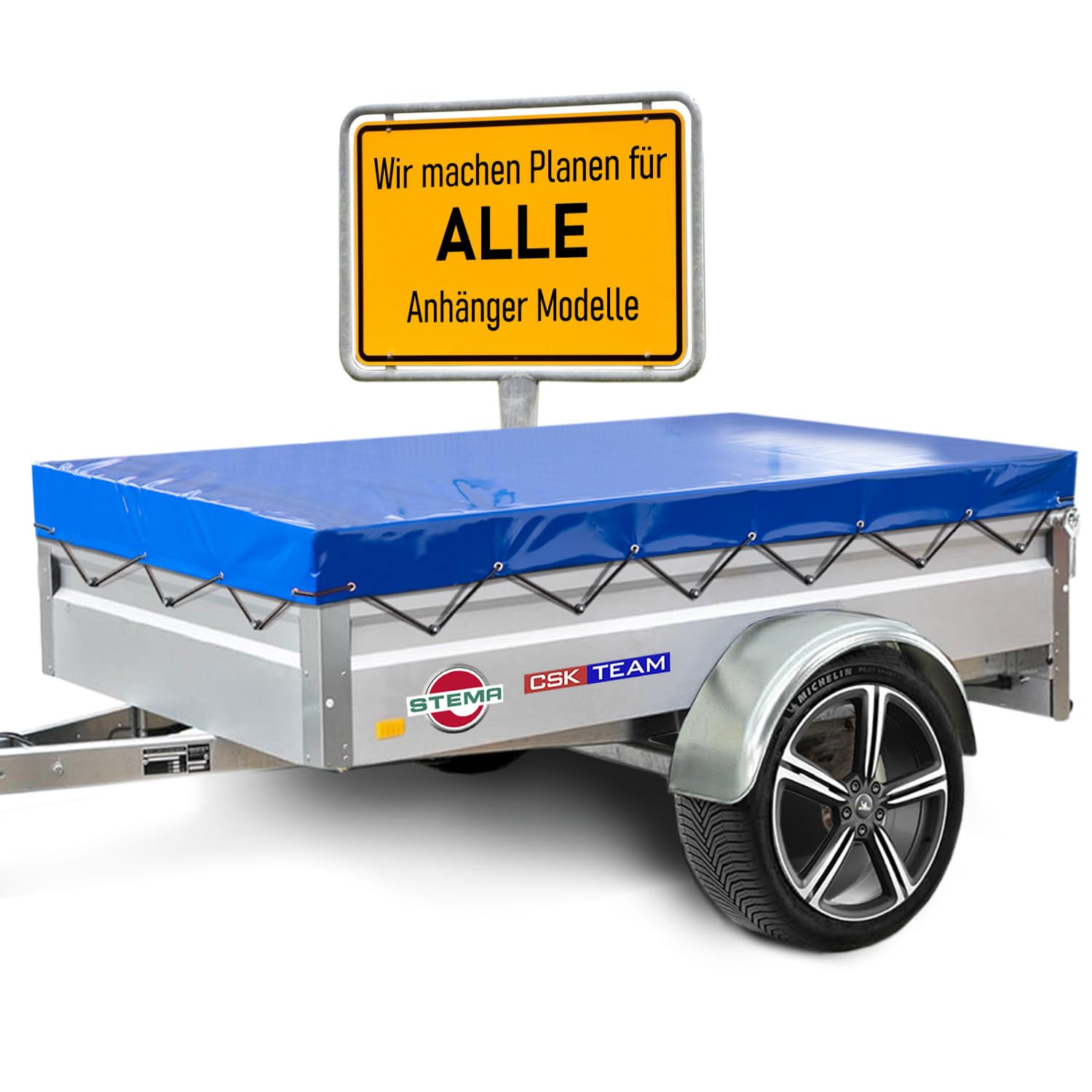 Hochwertige Stema Anhängerplane 207 x 114 x 6 cm - Nach Maß - Königsblau Hochglanz - Flachplane PKW-Anhänger - Wasserdichte Abdeckung Aus PVC Gewebeplane Mit Zubehör