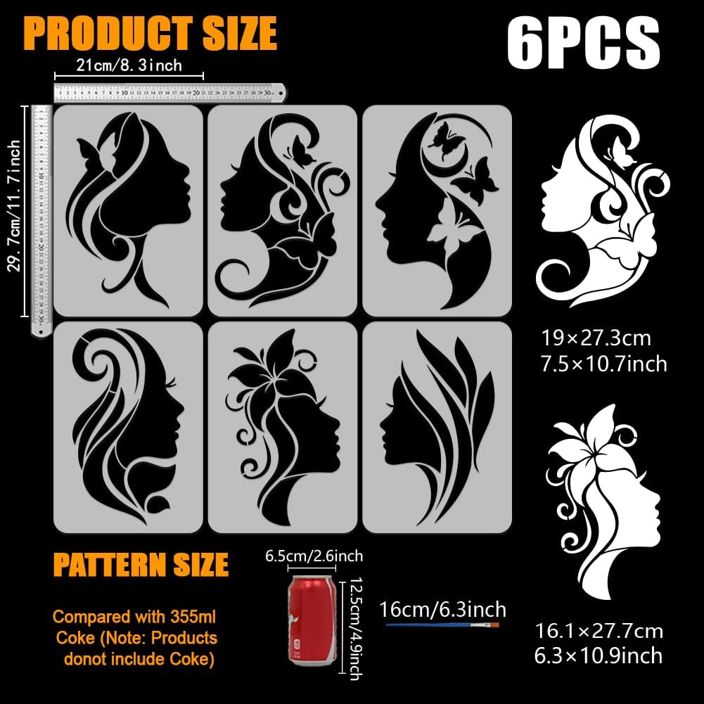 FINGERINSPIRE 6PCS Women Silhouette Stencils 8.3x11.7inch Female Stencils
