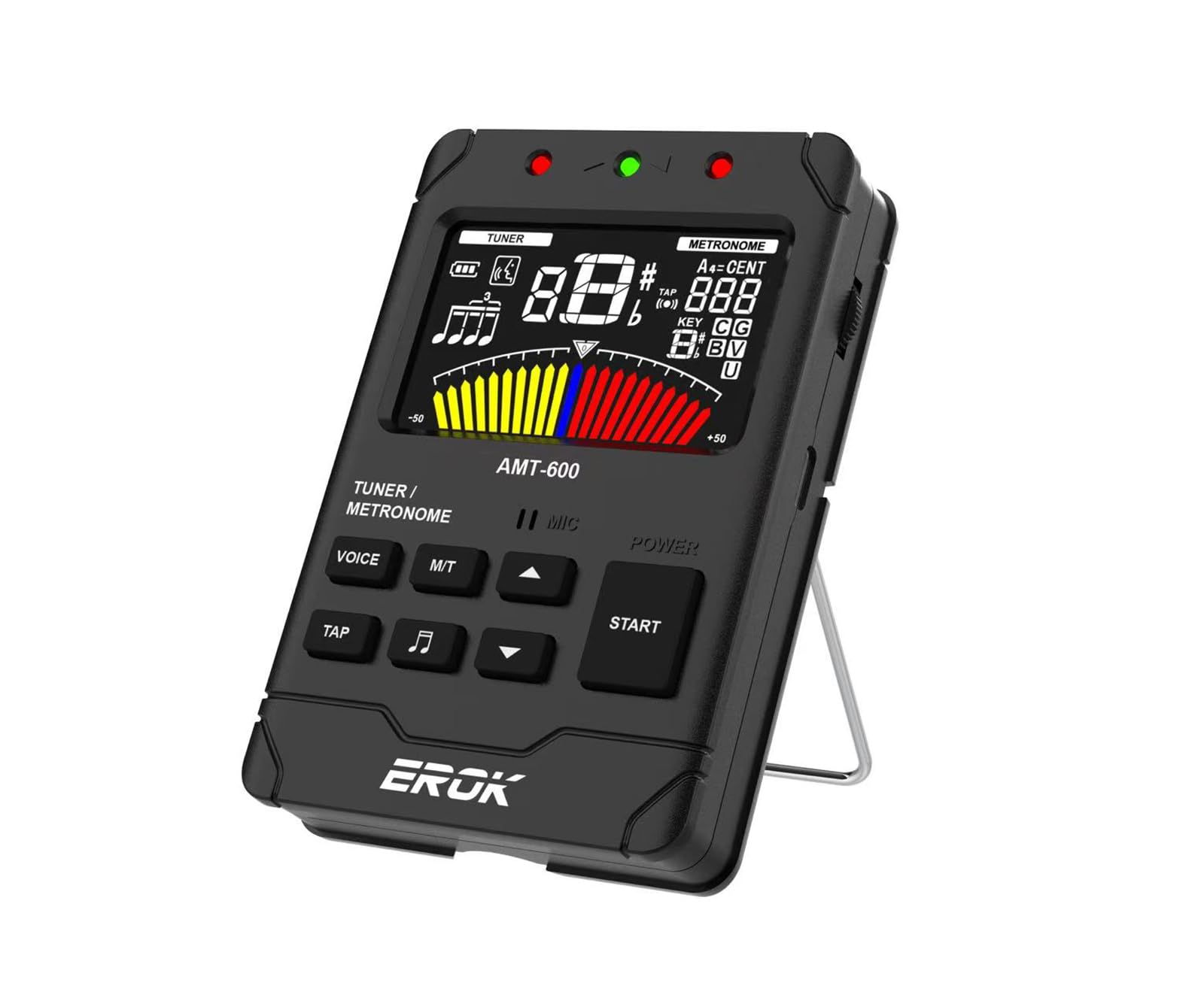 EROK Metrónomo y sintonizador digital recargable, todo en uno con salida de auriculares estéreo, contador de voz, apto para guitarra, bajo, violín, instrumentos de cuerda (negro)