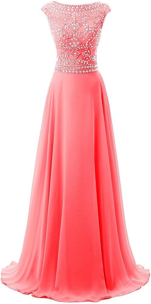 Women's Long Chiffon Bridesmaid Dress Cap Sleeves Beaded Prom Eveing Gown - Coral - 4