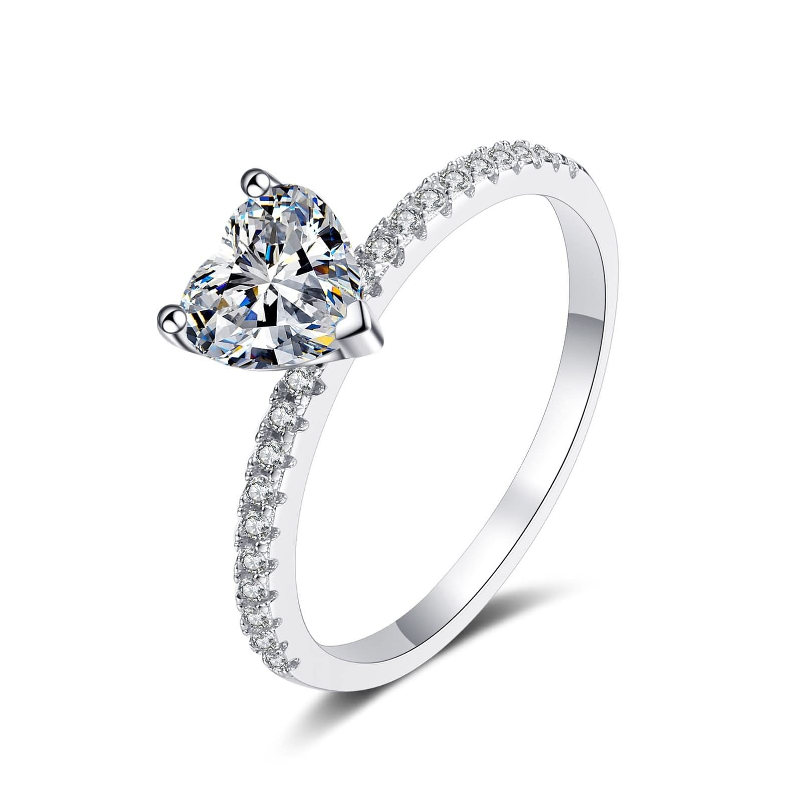 Juego de anillos de plata 925 con circonitas talladas en forma de corazón de 6,5 mm, talla 45 (14,3)