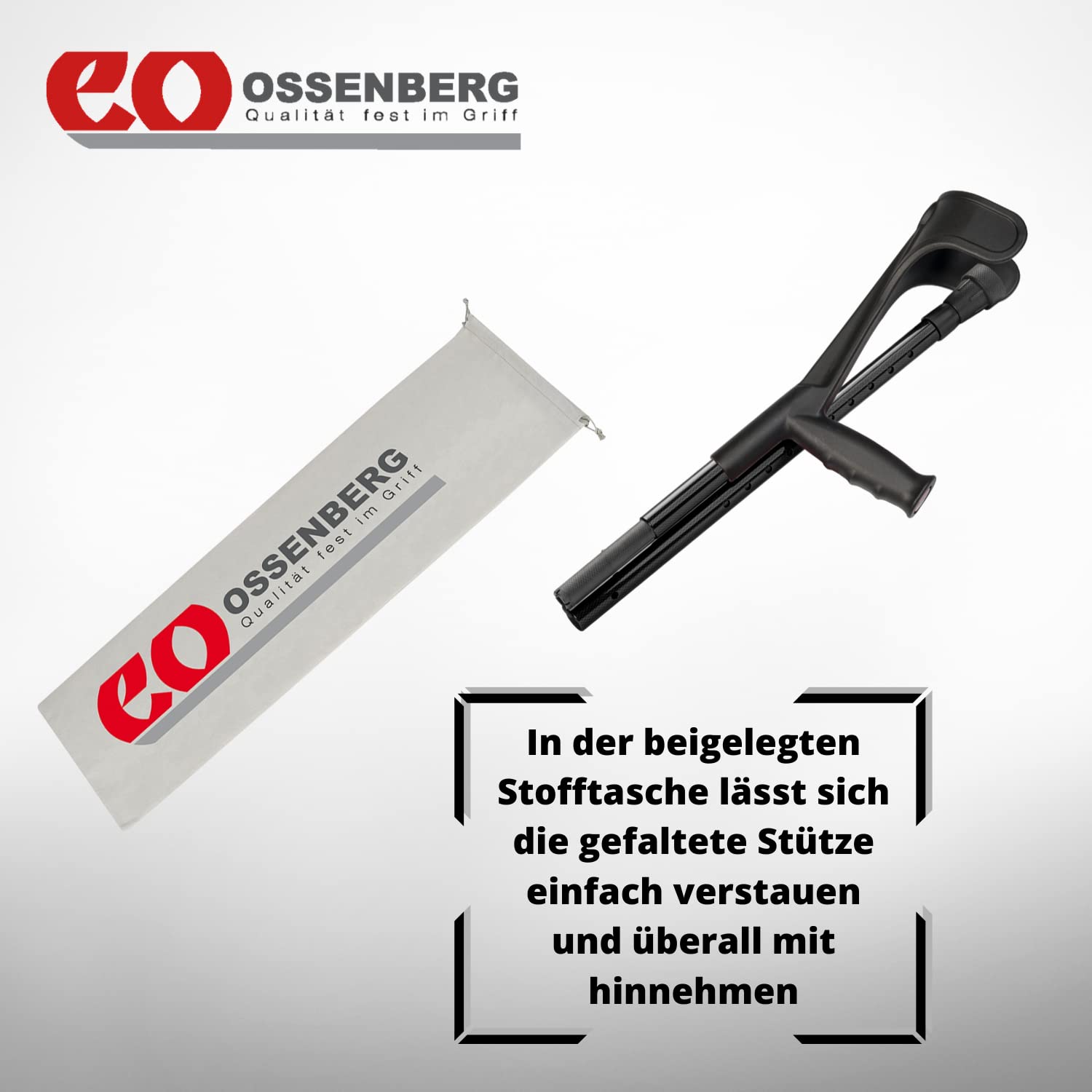 Ossenberg Faltbare Reisestütze aus Carbon mit Ergonomischem Hartgriff - höhenverstellbare Reisekrücke - Unterarmgehhilfe - belastbar bis 140 KG - leicht und stabil - schwarz