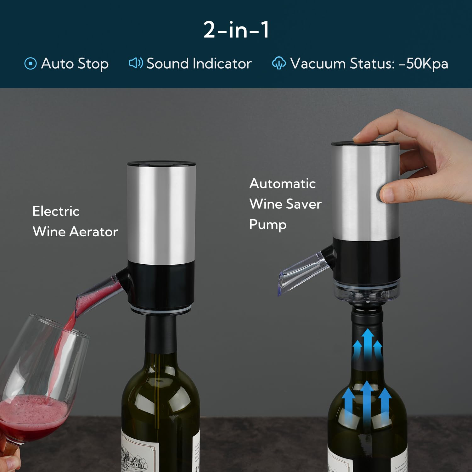 KITCHENDAO Aérateur de vin électrique rechargeable et pompe à vin, bec verseur automatique avec câble USB-C, base de rangement et 2 bouchons, indicateur sonore intégré