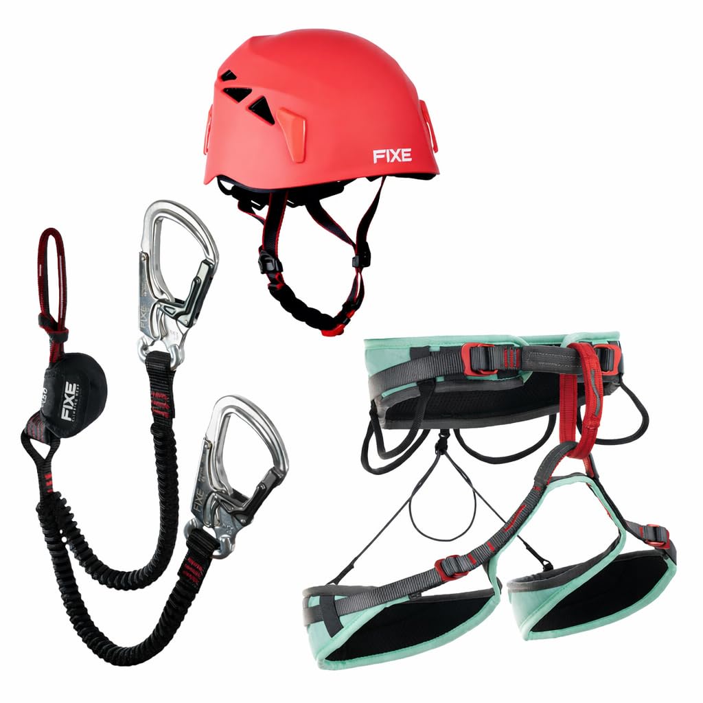 FIXE - Kit Ferratum Cinchless + Arnés Explora + Casco Pararocs TU, Disipador Vía Ferrata sin Anillo Ventral, Arnés Ajuste Rápido, Casco ABS EPP Ligero, EN958, EN12277, EN12492
