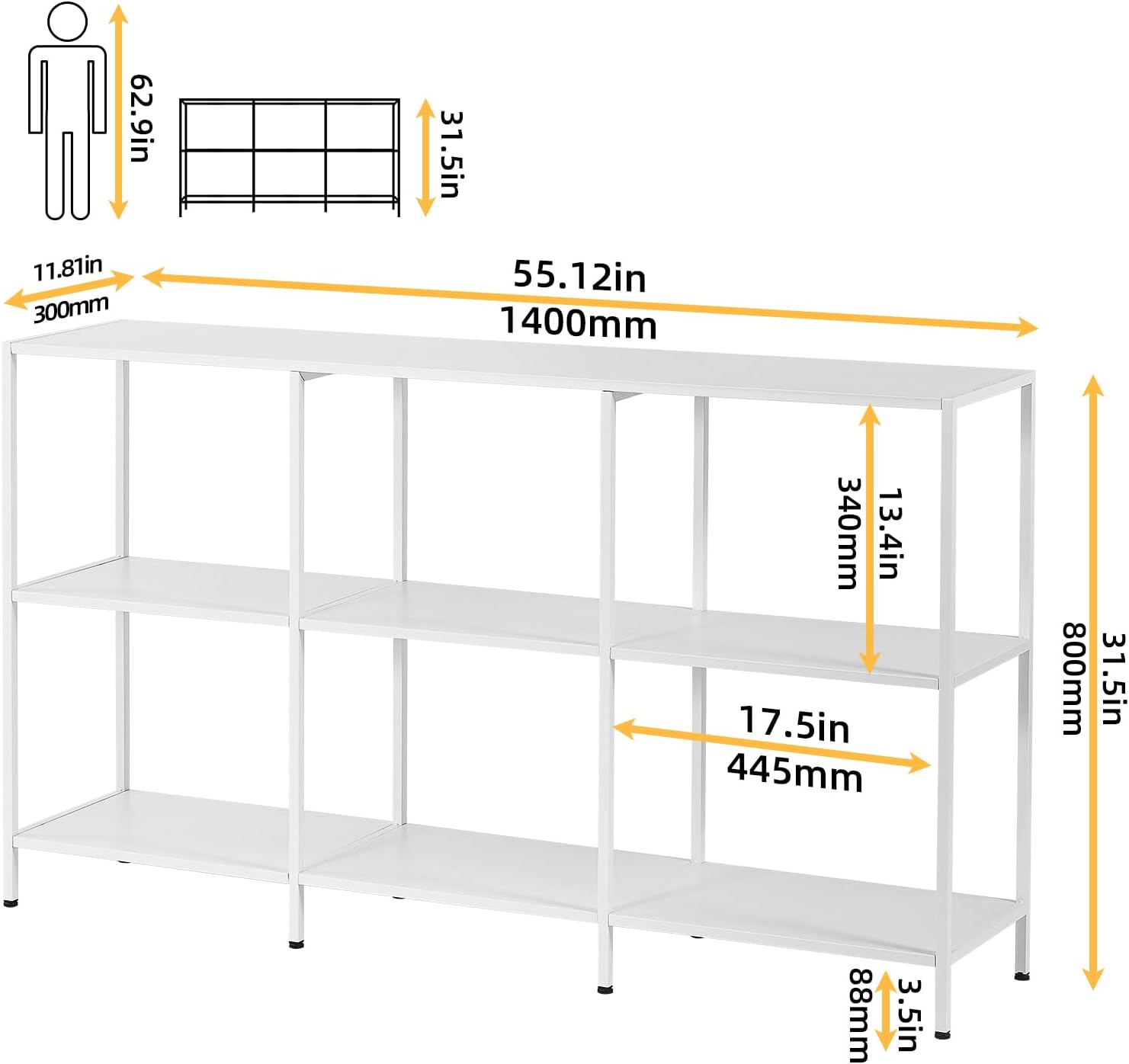 DCLRN 3 Tier Metal Console Table,Sofa Table Behind Couch,Narrow Long Shelf with Storage for Entryway,Narrow Entrance,Hallway,Living Room (White, 55 Inch)