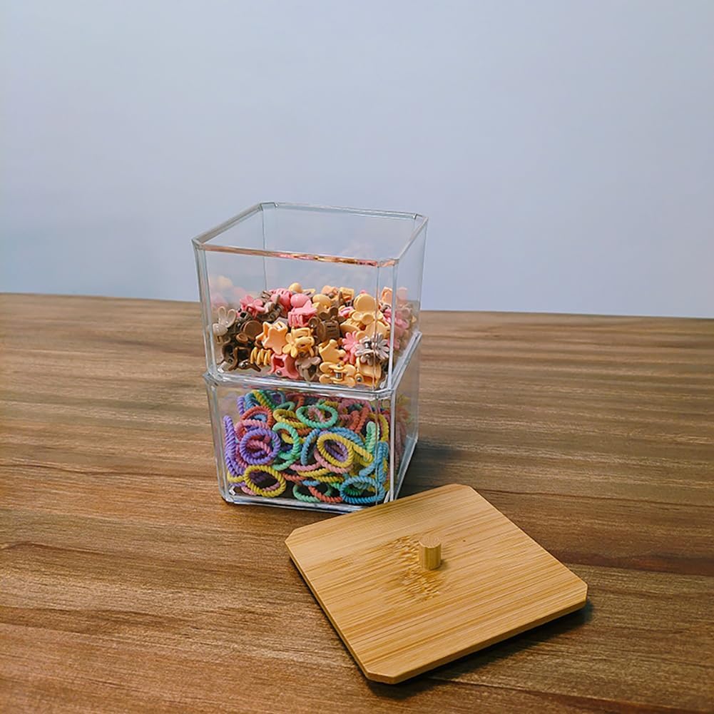 GSHLLO 2 Tier Swab Container Wooden Tip Dispenser Holder Square Bathroom Storage Canister Clear Floss Holder Jar Acrylic Vanity Storage Organizer with Wood Lid