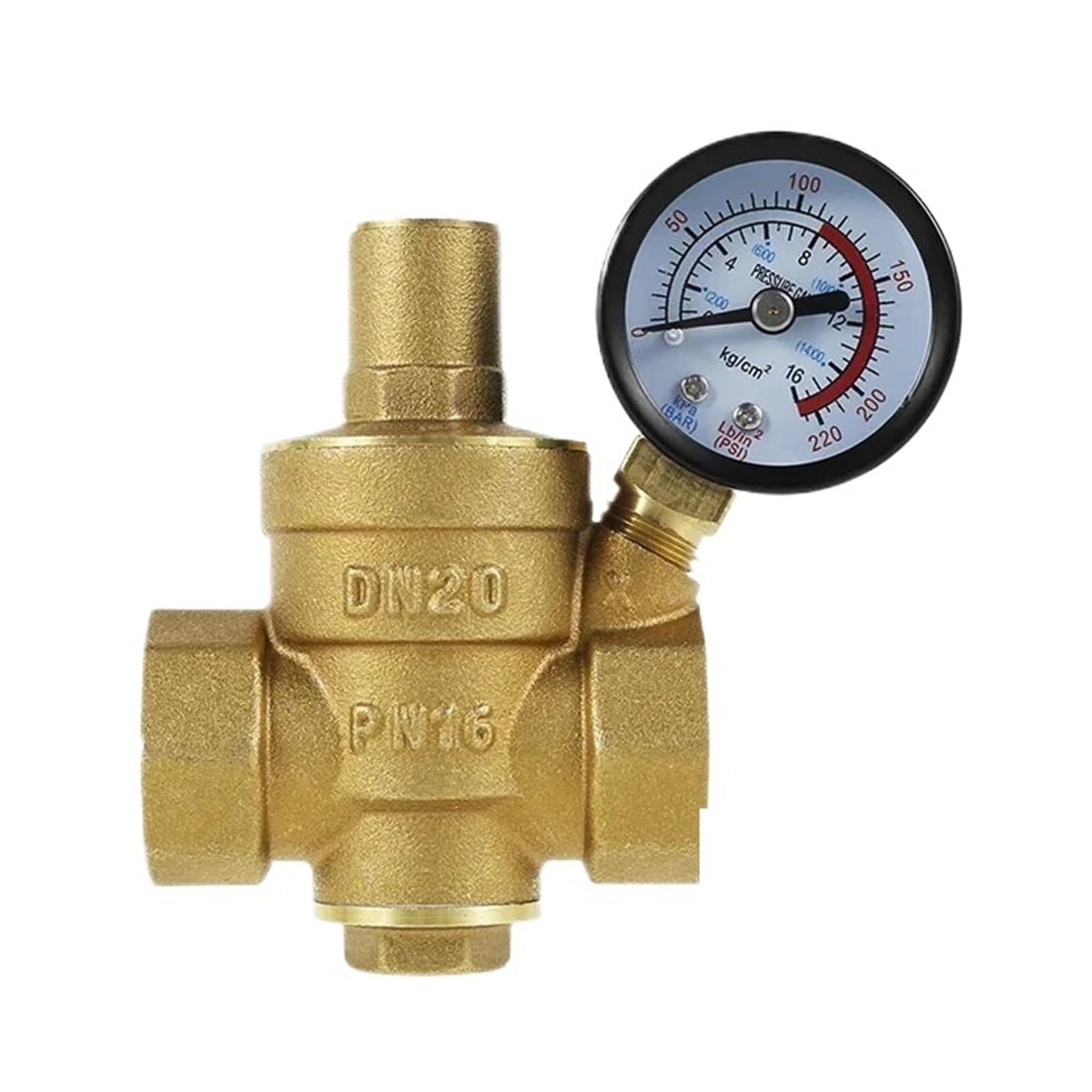 Vmvud Dn15 Water Pressure Reducer 3/4Inch Dn20 Brass Water Pressure Regulator Valve 1/2Inch Adjustable Pressure Reducer Pressure Gauge(Dn15)