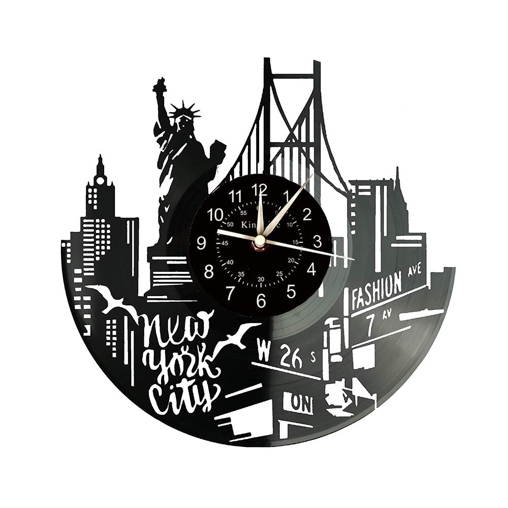 Smotly Black Vinyl Wall Clock, New York City Architectural Theme Record, Handmade Creative Decoration Wall Clock Gift. (Gift Hook) (Gift Bag+Hook)
