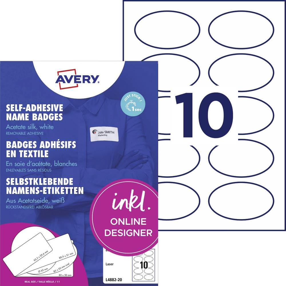 Avery Zweckform L4882-20 Lot de 200 étiquettes nominatives autocollantes en soie d'acétate Blanc 85 x 50 mm Format A4