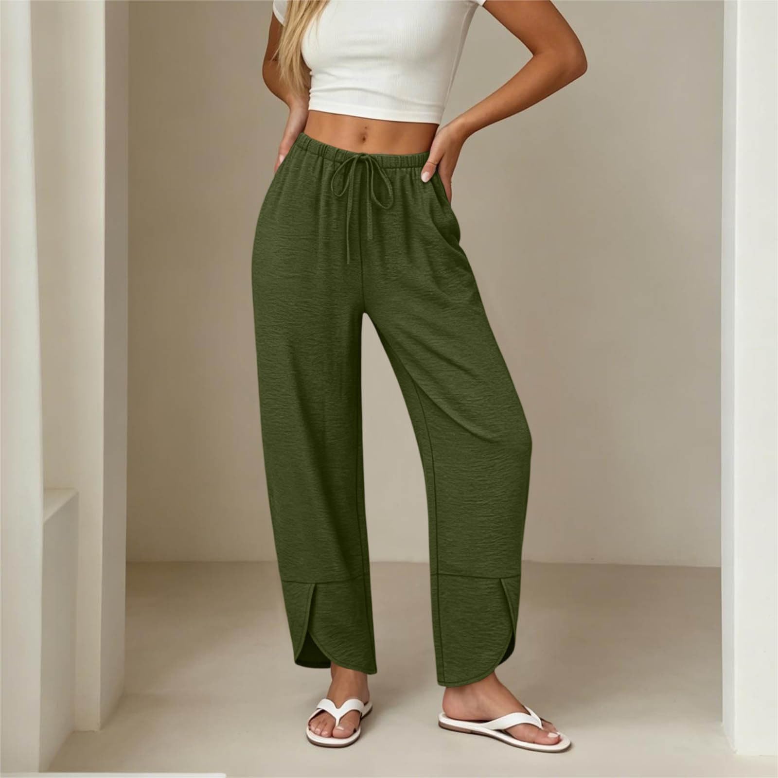 Générique Pantalon Bouffant pour Femme avec Cordon Et Poches Latérales - Pantalon D'Été en Tissu Style Lin, Idéal comme Pantalons De Loisir pour Les Vacances Et Le Quotidien.