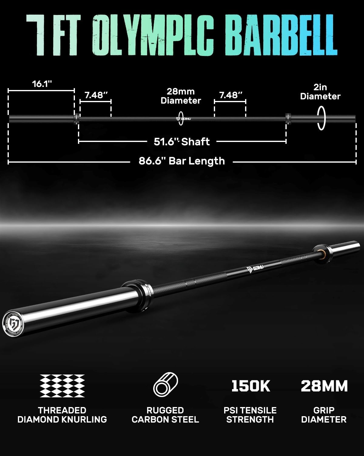 PB01 7FT Olympic Barbell, Weight Bar with Knurled Grip for Squats, Deadlifts, Weightlifting, Strength Training, Bench Press, Fits 2-inch Standard Weight Plates, 1500LB Capacity