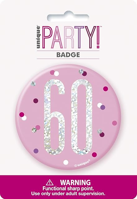Unique Party 83535 Pink Number 60" Birthday Badge Silver | 1 Pc, Age