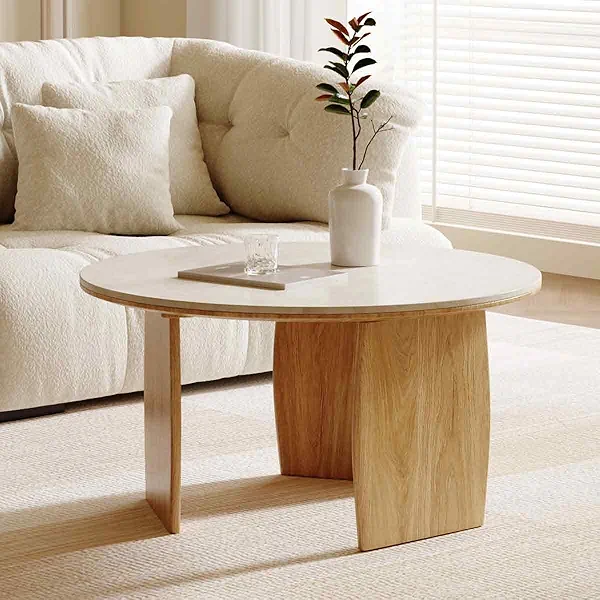 Round Marble Coffee Table, Natural Travertine Center CoffeeTable with Solid Oak Base, Modern Stone Accent Piece for Living Room, Durable Construction with Marble Top, Ideal for Home & Apartment Décor