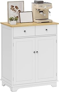 HOMCOM Kitchen Floor Cabinet Side Storage Cupboard Multi-use Sideboard Table with Solid Wood Top, Adjustable Shelf,Drawer for Dining Room, Living Room,Hallway