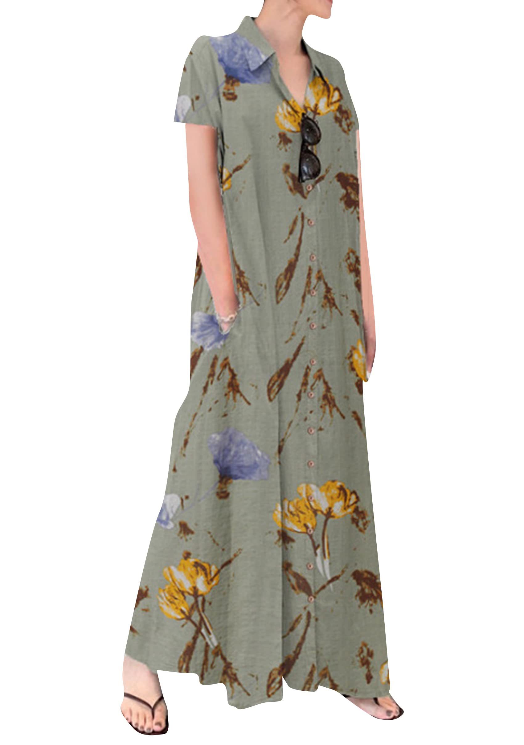 YMING Womens Cotton and Linen Shirt Dress Casual Loose Blouse Dress Solid Color Maxi Dresses Plus Size