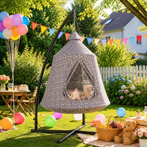 MAMIZO Hängesessel mit Gestell Outdoor&Indoor,150kg Hängehöhle,213×112×112cm Hängematte,Hänge Spielzelt,Schaukel Garten,Camping Hängezelt,int LED-Leuchten,mit aufblasbarem Kissen